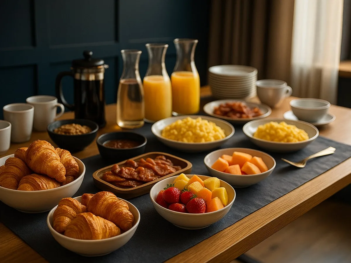 Breakfast table with pastries and fruit